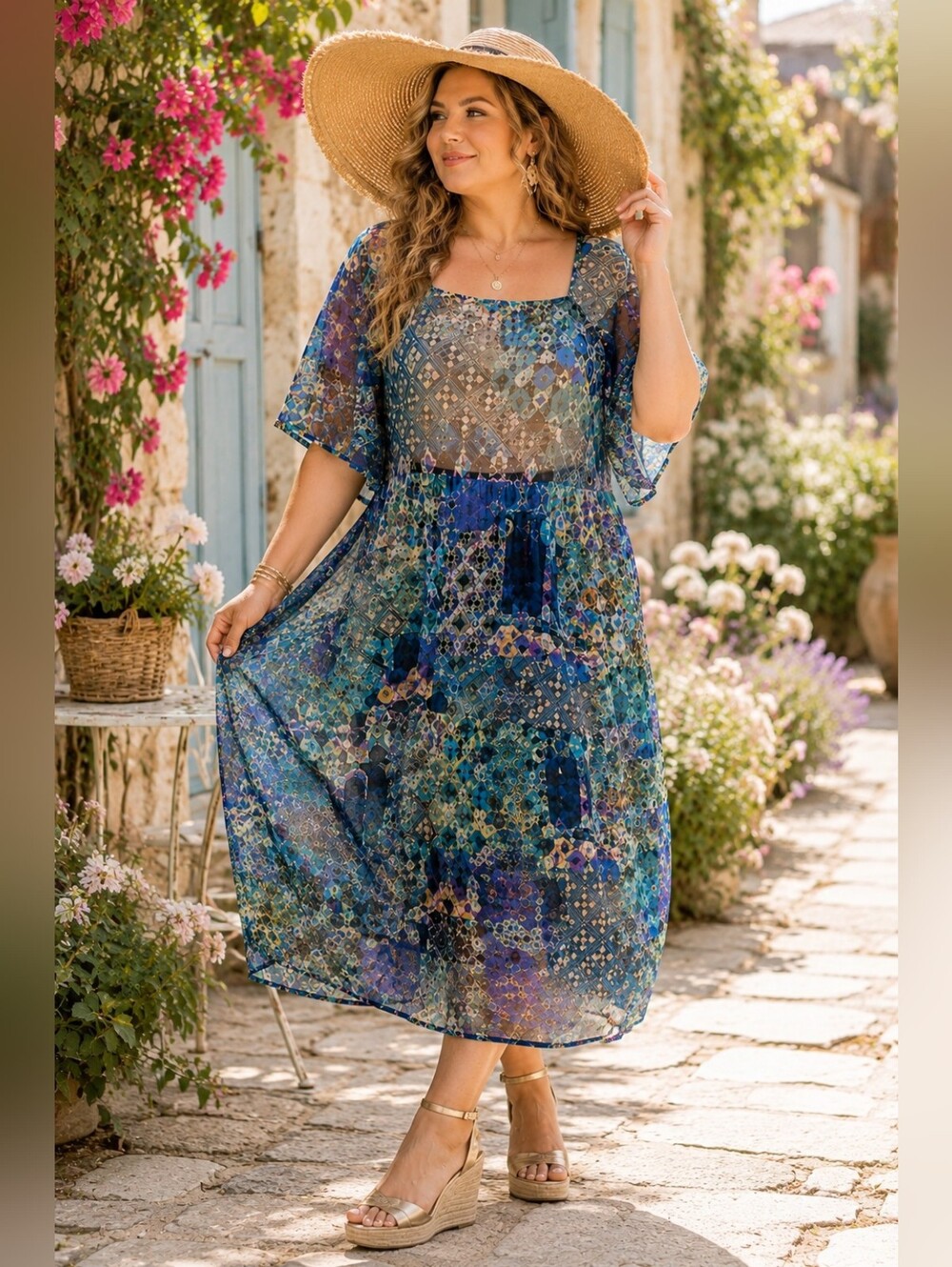 Johnny Was Mosaic Wearable Art Midi Dress Large Resort Boho Luxe Coastal Chic